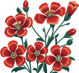 Vibrant red carnation flowers with green stems and buds illustration