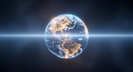 Digital Earth with Glowing Continents and Blue Light Beam.