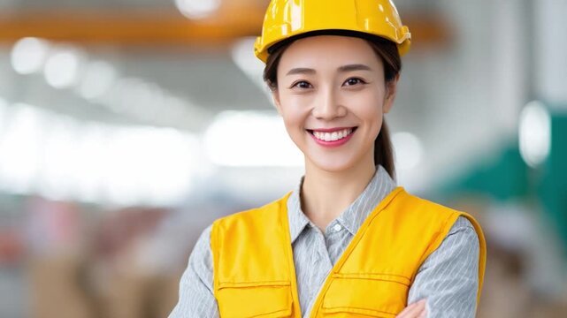 The Confident Engineer: An Asian woman with radiant smile, safety gear stands as a symbol of skill, expertise, and contribution in the engineering and construction sectors.