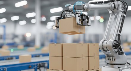 Automated robotic arm precisely lifting a cardboard box in a modern warehouse, streamlining logistics and enhancing efficiency