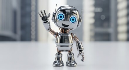 Friendly little robot waving hello in a modern office