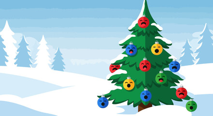Obraz premium Cartoon Christmas Tree with Emoji-Faced Ornaments.
