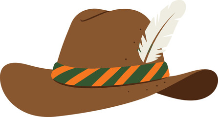 Brown wide brim hat, vintage fashion accessory, striped band design, feather detail, classic cowboy style, retro headwear, western costume illustration
