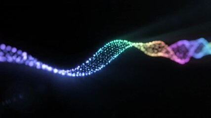 Abstract multicolored string of light on a black background. Bright glowing particles aligned in a smooth, wavy row, emitting soft luminous effects and gentle flares. Rays of light pulse - Powered by Adobe