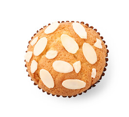 Tasty muffin with almond flakes isolated on white, top view