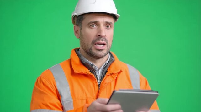 Concerned Construction Worker with Tablet: A construction worker, clad in an orange safety jacket and hard hat, displays a look of concern while operating a tablet.