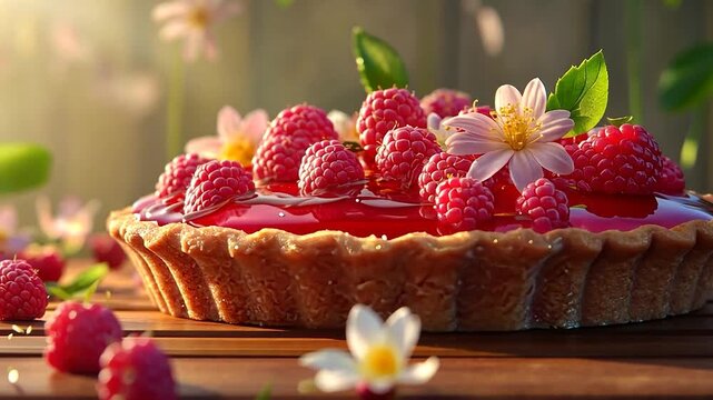 Raspberry tart topped with flowers