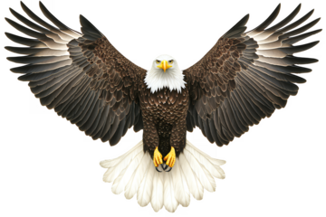 Majestic bald eagle with fully spread wings detailed feathers sharp talons and piercing yellow eyes