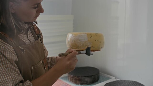 Tilt up shot of focused young Caucasian female cheesemaker in apron covering cheese wheel with protective coating of liquid latex using brush