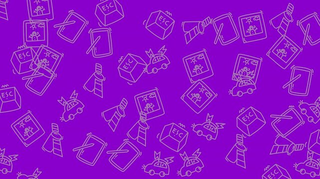 Purple background with keys, windows, and vehicle icons in line art style. Suitable for technology or transportationrelated design projects. - Powered by Adobe