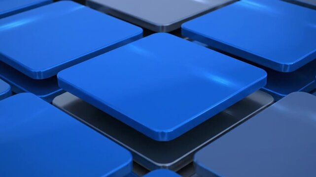 Abstract technology animation featuring glossy blue and grey squares moving and rotating in a 3D space. Smooth transitions, reflections, and subtle light glints create a futuristic and high-