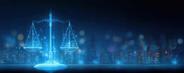 AI Ethics Concepts for Regulatory Frameworks. A digital illustration of a glowing scale symbolizing justice, set against a futuristic city skyline at night.