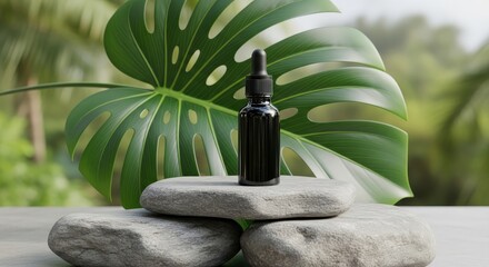 Natural Skincare Serum in Dark Glass Bottle Tropical Jungle Background