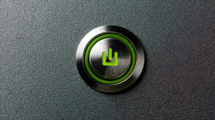 Hyperrealistic close-up of a power button symbol reflected on a steel surface, emphasizing technology, digital interface, modern electronics, and sleek industrial design.

