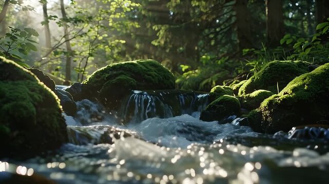 Sunlit forest stream with moss-covered rocks and dd light filtering through trees