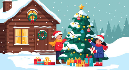 Fototapeta premium Children Decorating Christmas Tree with Presents and House.