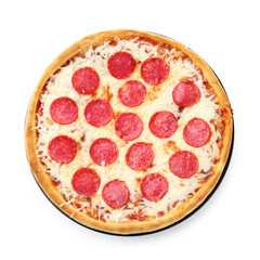 Delicious pepperoni pizza isolated on white, top view. Tasty fast food