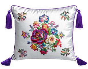 Elegant Embroidered Cylindrical Cushion with Purple Tassels transparent background.