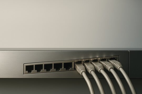 Minimalist close-up of a modern network switch with connected Ethernet cables in a soft-lit environment, representing data transfer, connectivity, and streamlined digital infrastructure