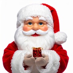 Close up Santa Claus Holding Small Red Wrapped Gift on White Backdrop