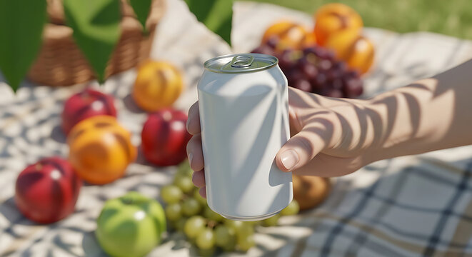 Hand holding refreshing cold drink can at outdoor picnic with fruit