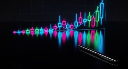 Neon candlestick chart with upward trend and reflection on black background with pen, indicating financial growth and investment