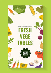 Social media post template with vegetables frame for local farmers market, organic farm, harvest festival, agricultural fair. Announcement for seasonal fair. Healthy lifestyle.	