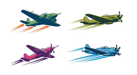 Four vintage propeller airplanes in flight with speed lines and color variations