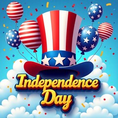 Obraz premium Celebrate Independence Day with festive decorations including balloons and a colorful hat in a vibrant blue sky