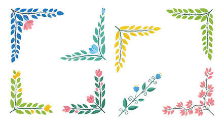 Colorful watercolor botanical corner designs arranged in a grid pattern