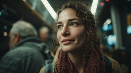 Woman with scarf riding public transport looking thoughtful