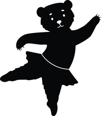 Adorable black silhouette of a dancing teddy bear wearing a ballet tutu on white background silhouette