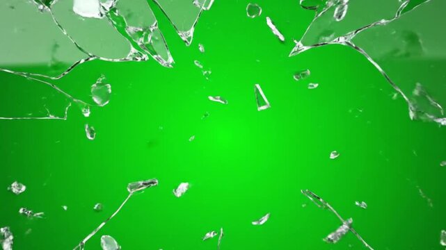 Breaking glass motion graphics on a green screen background. Realistic glass shattering with cracks, flying shards, and dynamic fragments. High-speed cinematic animation with motion blur, reflect