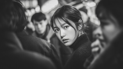 Portrait of a young woman surrounded by people in grayscale