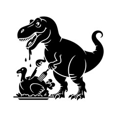A T-Rex dinosaur with a fork and knife about to eat a turkey on a platter, funny Thanksgiving illustration