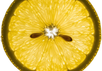 Translucent yellow citrus slice glows brightly against dark background.