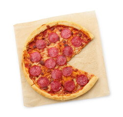 Delicious cut pepperoni pizza isolated on white, top view