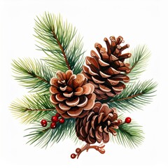 Fototapeta premium Watercolor Illustration of Pine Cones with Green Needles and Red Berries