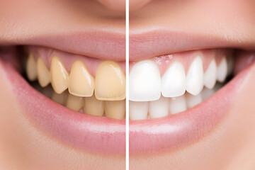 Teeth whitening transformation showcased in a close-up. Before and after results of dental care, highlighting the change from stained to bright, white teeth. Smile makeover.
