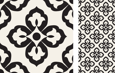 Seamless Azulejo tile. Portuguese and Spain decor. Ceramic tile in black and white. Vector hand drawn illustration, typical portuguese and spanish tile	