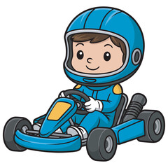 Cartoon illustration of a happy child in a go-kart wearing a helmet