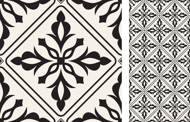 Seamless Azulejo tile. Portuguese and Spain decor. Ceramic tile in black and white. Vector hand drawn illustration, typical portuguese and spanish tile	