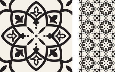 Seamless Azulejo tile. Portuguese and Spain decor. Ceramic tile in black and white. Vector hand drawn illustration, typical portuguese and spanish tile	