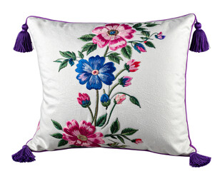  Ornate Floral Embroidered Cylinder Cushion with Tassels transparent background.