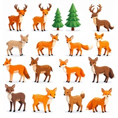 Fototapeta premium Assortment of Cartoon Deer and Fox Illustrations with Evergreen Trees