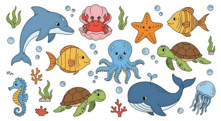 Cute Cartoon Underwater Ocean Sea Life Creatures Collection