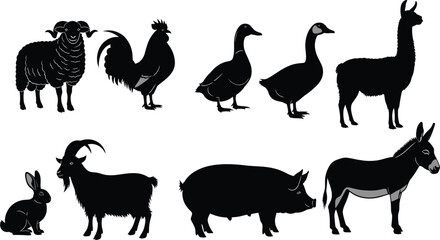 Farm animal silhouettes, sheep, rooster, duck, goose, llama, rabbit, goat, pig, donkey, agriculture, livestock, rural, farming, vector, illustration, black, shadow, domestic, countryside, design