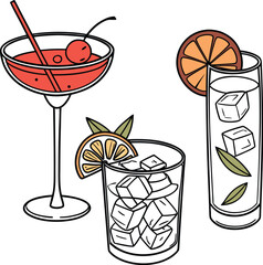 Assorted Colorful Cocktails with Fruit and Herb Garnishes on White Background