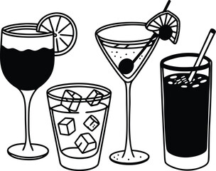 Collection of Mixed Drinks and Cocktails in Various Glasses with Ice and Fresh Garnishes