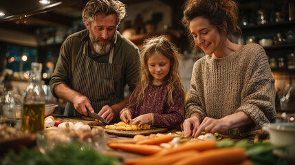 A family preparing food together in a warm kitchen setting